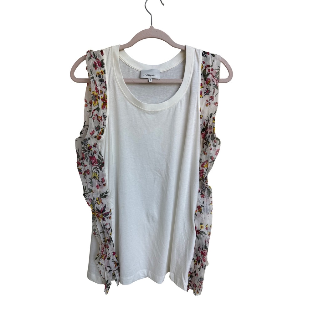 3.1 Phillip Lim White Cotton Silk Floral Ruffle Side Zip Top Womens Size Medium